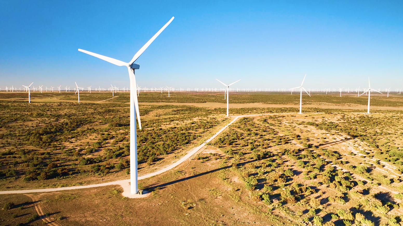 Sprawling desert landscape dotted by a large number of wind turbines against a clear blue sky 