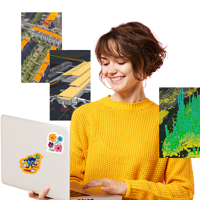 Person in a yellow sweater using a laptop against a collage of 3D building models and a 3D hexbin map