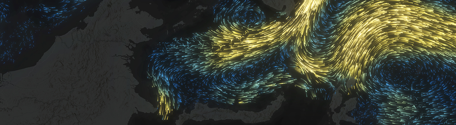 Blue and gold streamlines sweep across a dark map