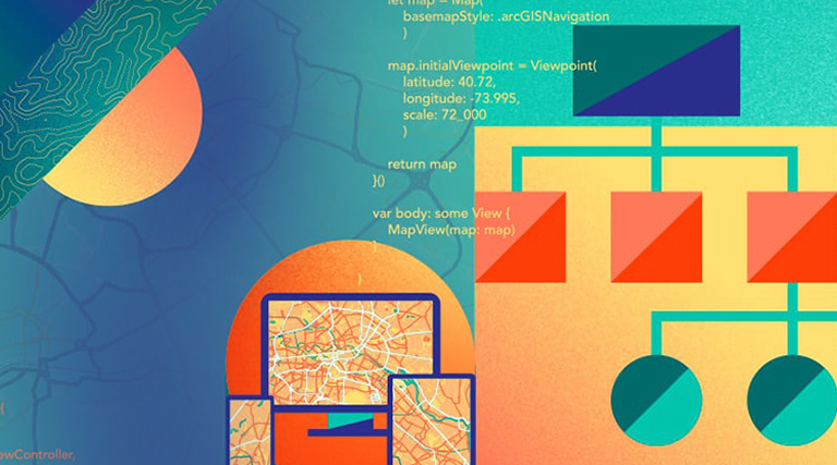 Abstract illustration with geometric shapes, a flowchart diagram, and ArcGIS API for JavaScript code on a teal background