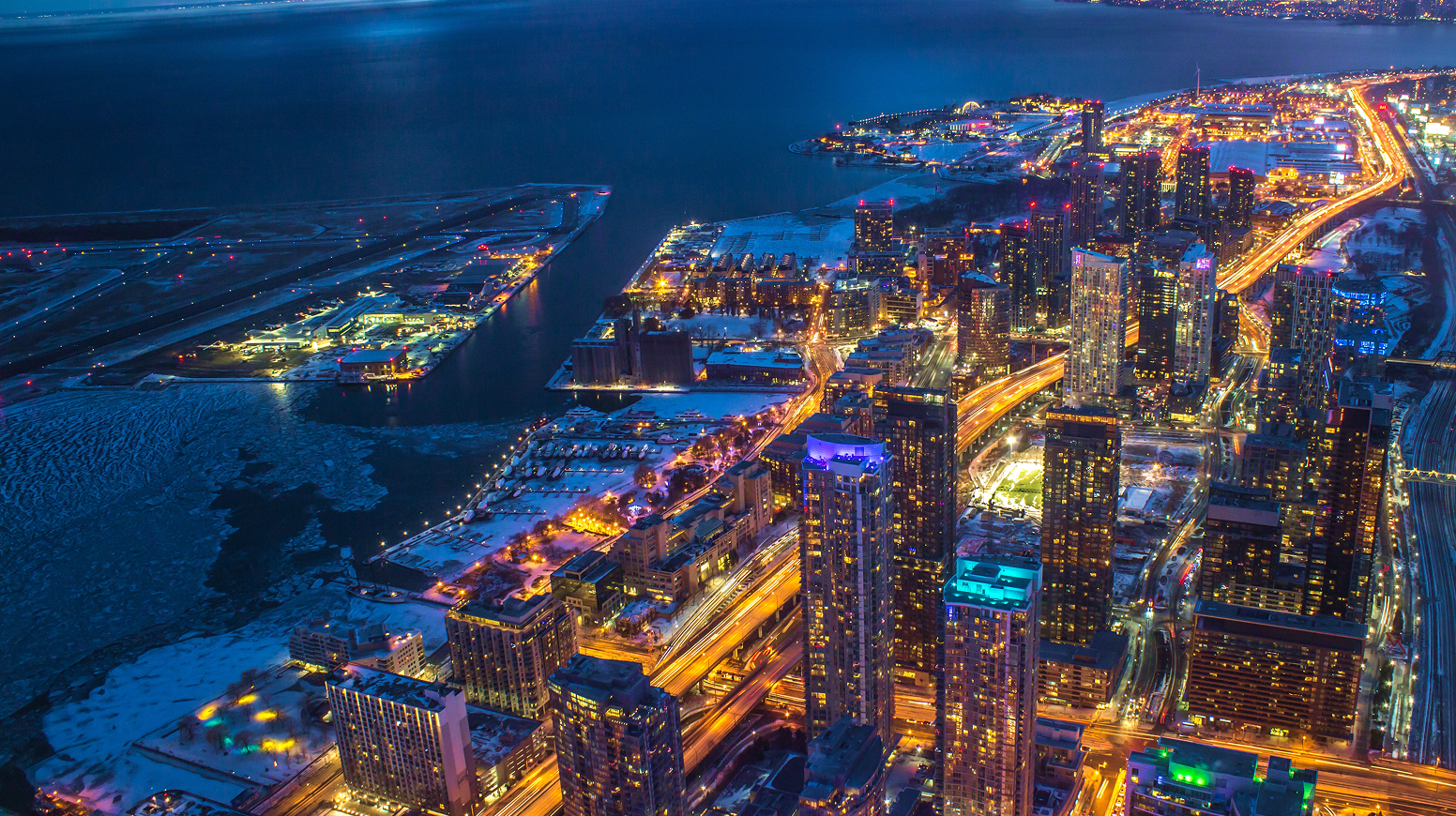 Aerial view of the Toronto city skyline at night